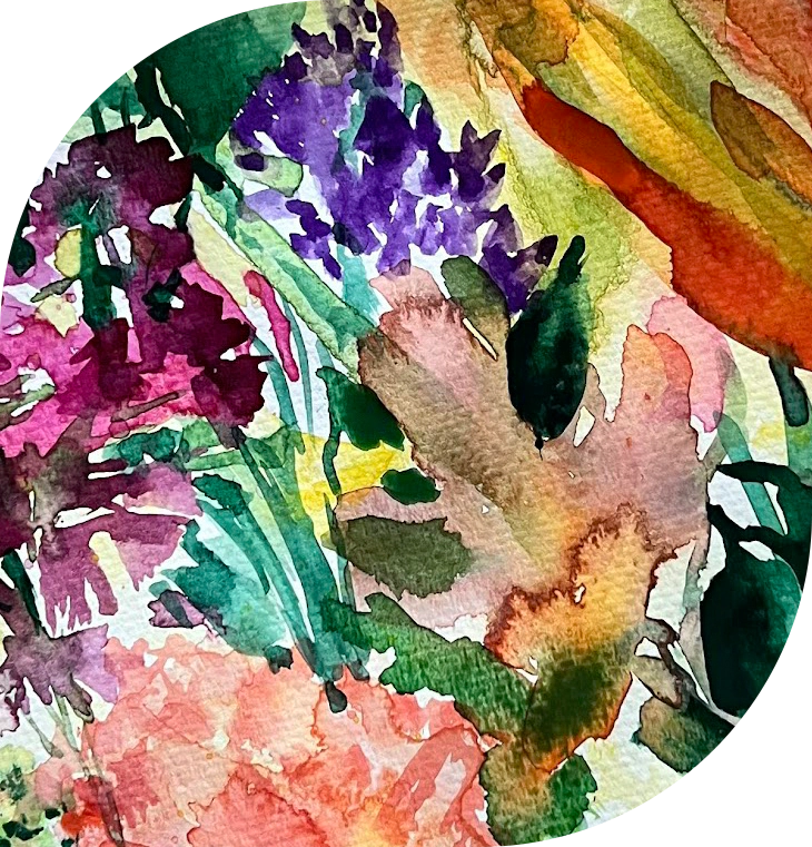 Watercolor painting of various colorful flowers and leaves in a circular frame, featuring shades of purple, pink, green, red, and yellow.