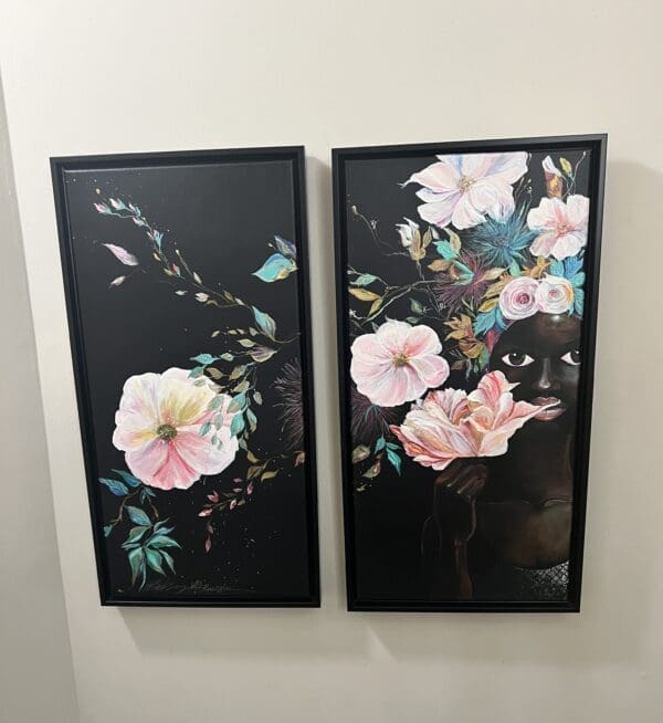 Black woman surrounded by colorful flowers artwork.