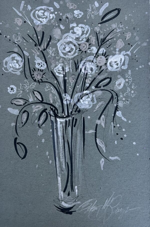 A painting of flowers in a vase on a gray background