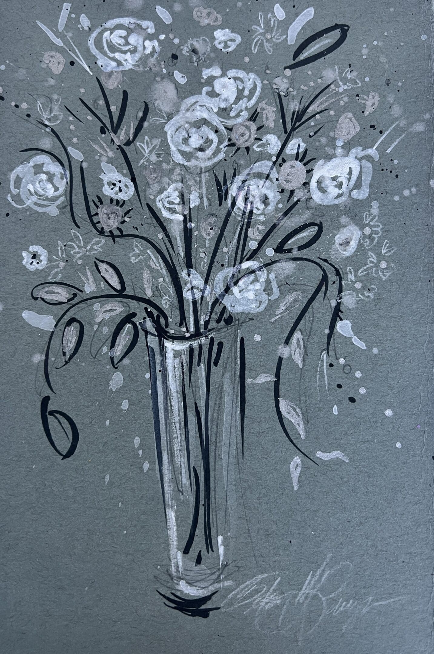 A painting of flowers in a vase on a gray background