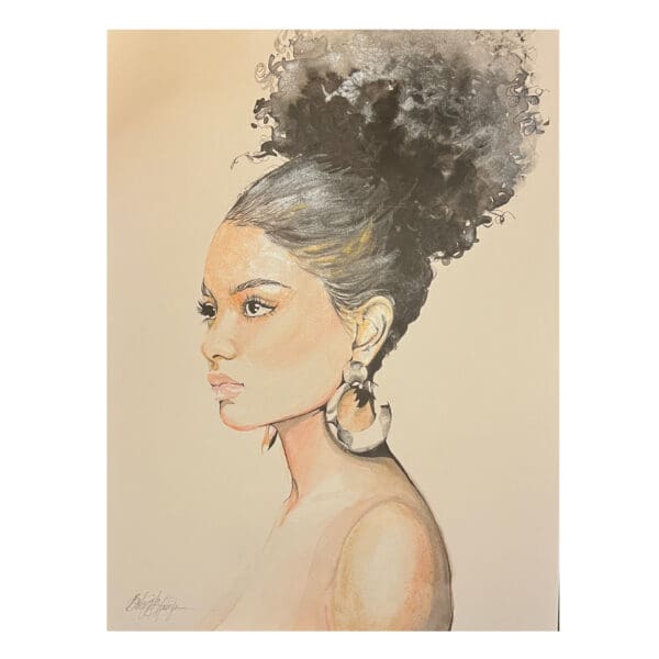 A drawing of a woman with a large hair bun.