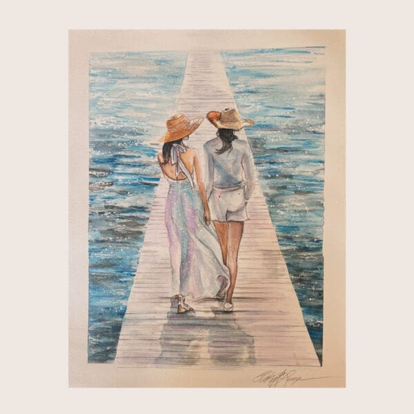 A painting of two women walking on the pier