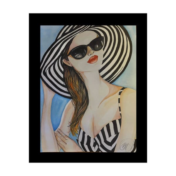 A painting of a woman wearing sunglasses and a hat.