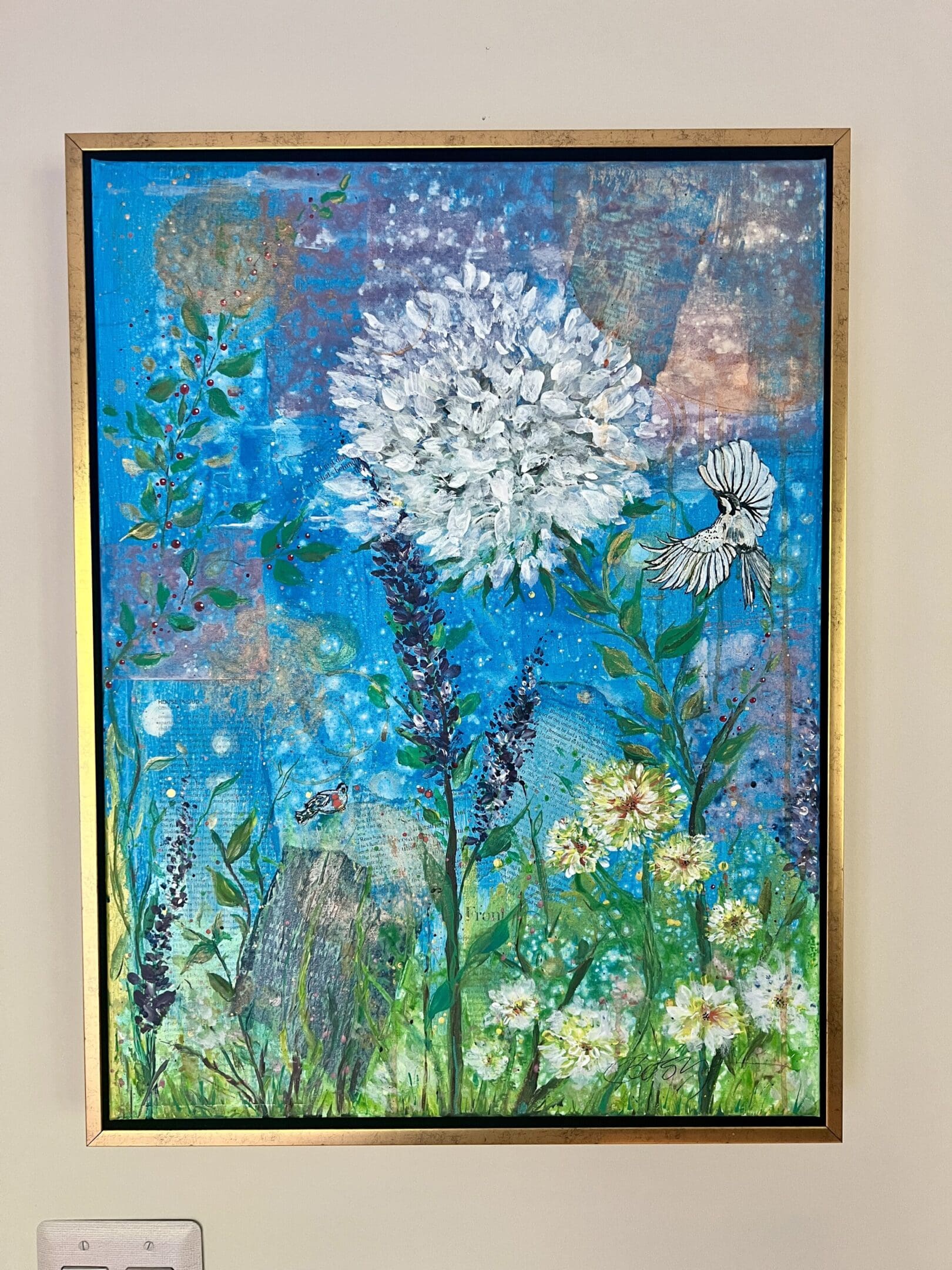 A painting of a dandelion in the middle of a field.