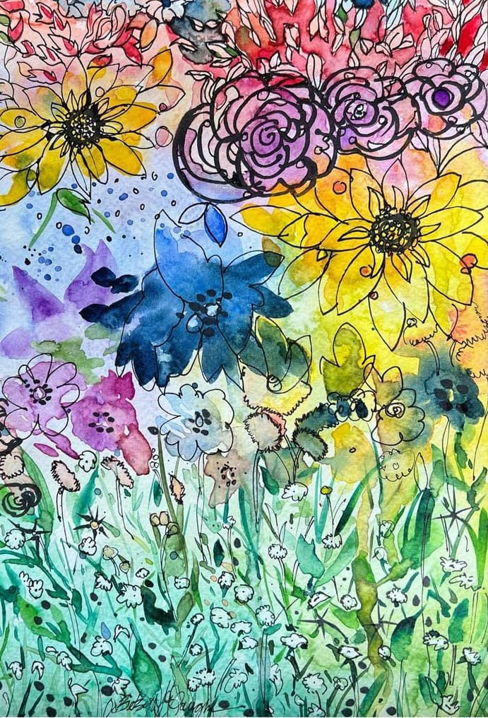 A painting of flowers with different colors and shapes.