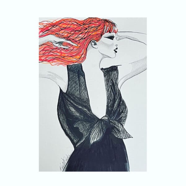 A drawing of a woman with red hair